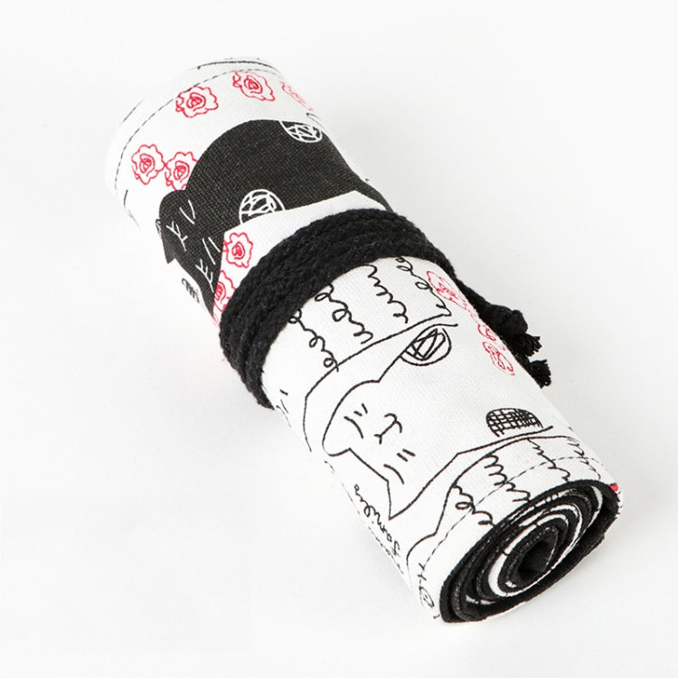 12 Holes Couple Cat Printed Canvas Pen Curtain Large Capacity Roller Pen Bag Sketch Color Pencil Bag