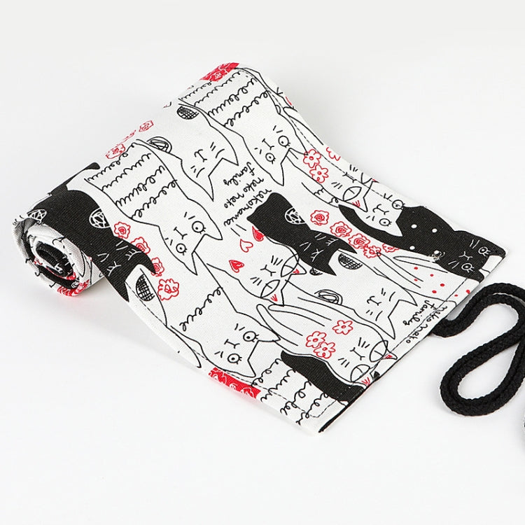 12 Holes Couple Cat Printed Canvas Pen Curtain Large Capacity Roller Pen Bag Sketch Color Pencil Bag