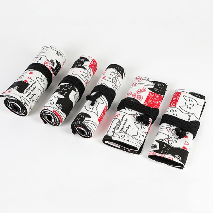 12 Holes Couple Cat Printed Canvas Pen Curtain Large Capacity Roller Pen Bag Sketch Color Pencil Bag