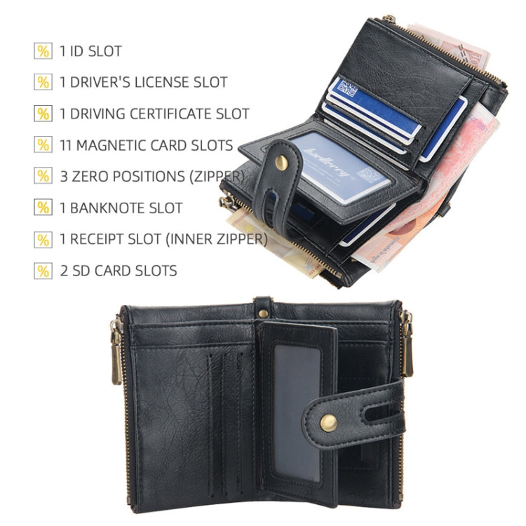 Baellerry  Short Wallet Double Zipper Tri-Fold Wallet For Men
