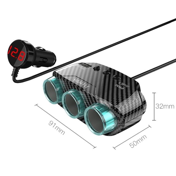 YANTU LM21 Type-C+QC3.0 Fast Charging 1 Drag 3 Cigarette Lighter, Carbon Fiber Black, Black