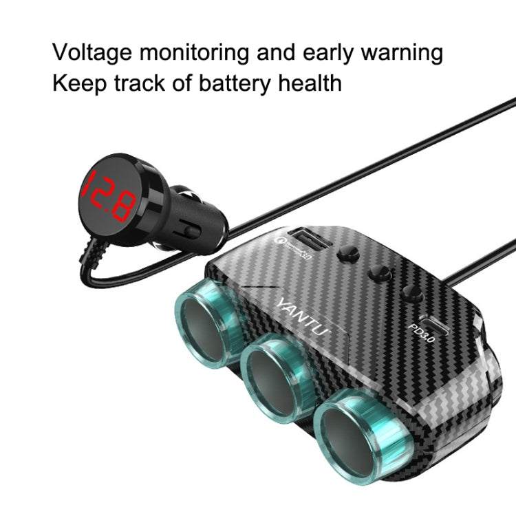 YANTU LM21 Type-C+QC3.0 Fast Charging 1 Drag 3 Cigarette Lighter, Carbon Fiber Black, Black