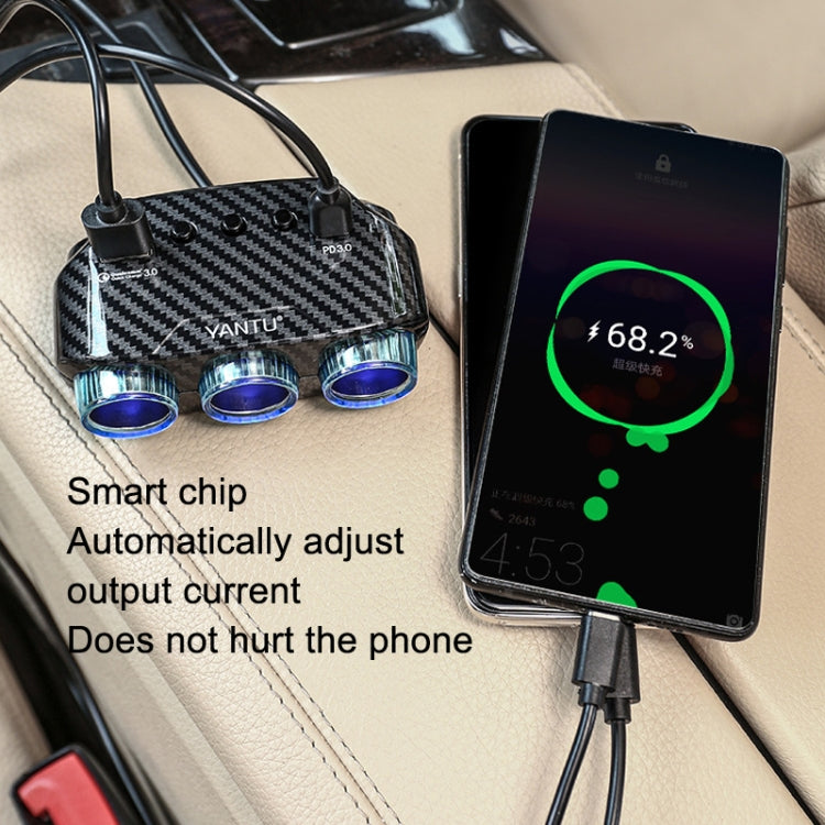 YANTU LM21 Type-C+QC3.0 Fast Charging 1 Drag 3 Cigarette Lighter, Carbon Fiber Black, Black