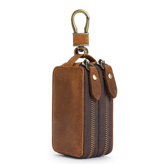 Stylish Double-Zip Cowhide Key Organiser with Keychain