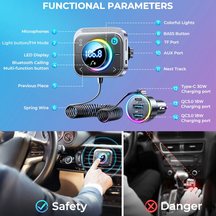 Joyroom JR-CL18 Car Charger Vehicle Bluetooth Transmitter Comes With Spring Line