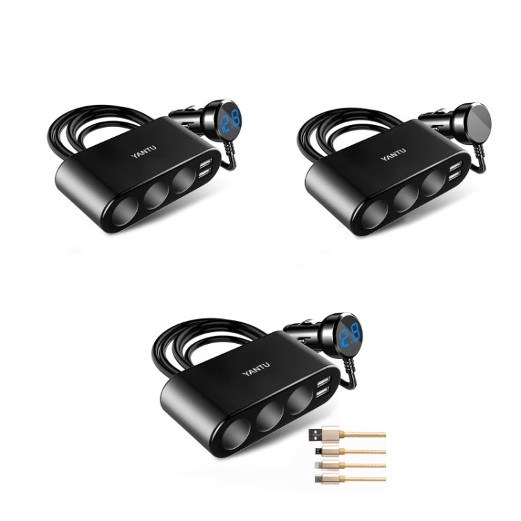 YANTU One Tow Three Car Digital Electronic Dual USB Cigarette Lighter, Specification:, Voltage Monitor, 3 Holes, Voltage Monitor+Cable