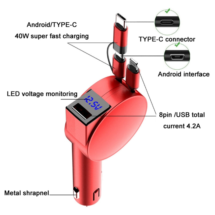 3 In 1 40W Fast Charging Dual Cable Retractable Car Charger