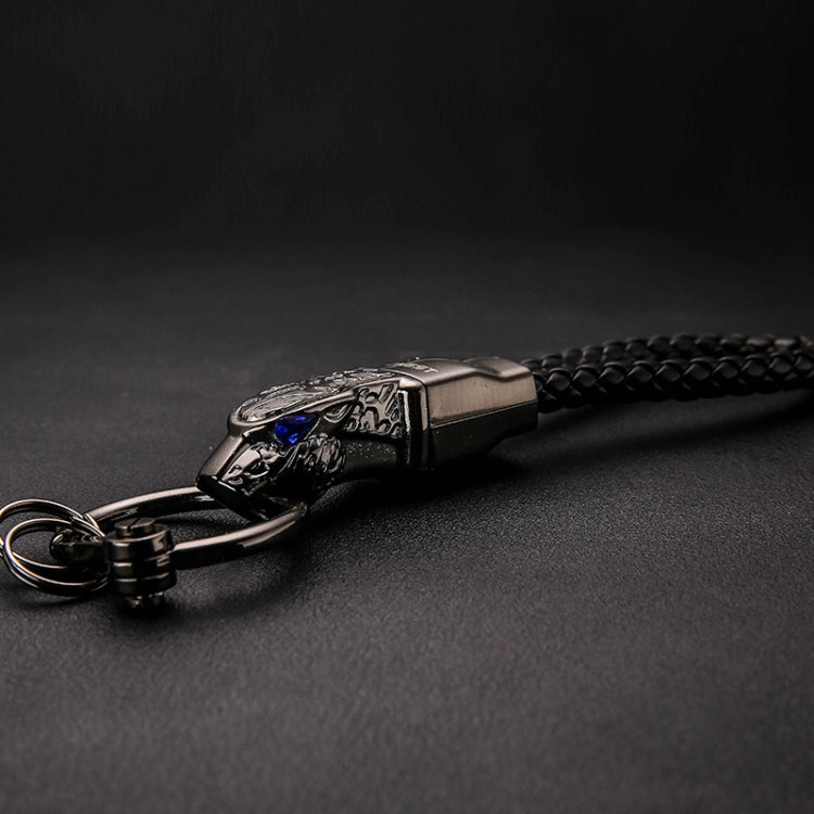 Elegant Leopard Head Diamond-Studded Leather Keychain Pendant with Rotating Design