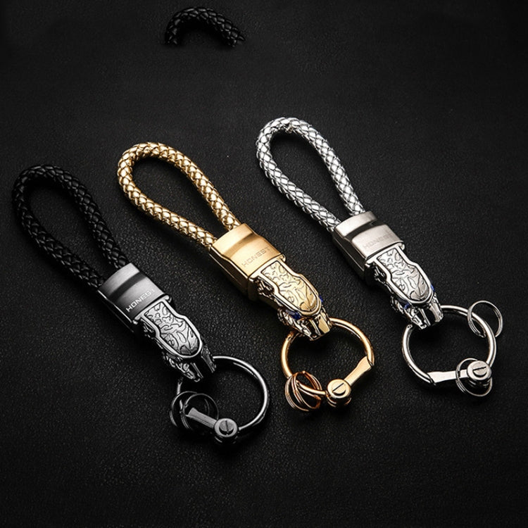 Elegant Leopard Head Diamond-Studded Leather Keychain Pendant with Rotating Design