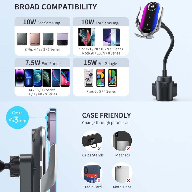 Dual Coil Wireless Car Charger with Cup Holder for iPhone 14/13 & Samsung Z Flip 4 Series