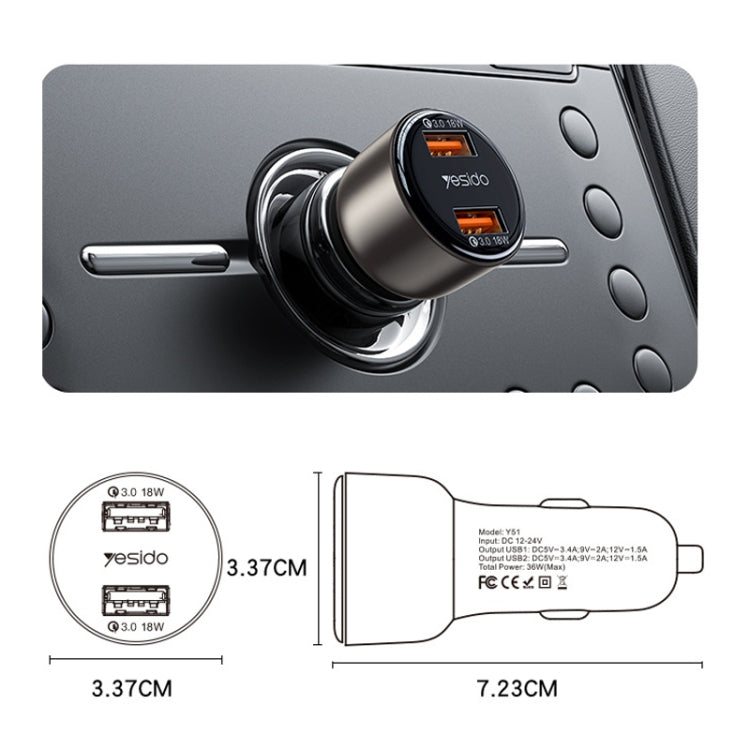 Yesido Y51 36W Dual-channel Fast Charging Zinc Alloy QC3.0 Car Charger, Y51 36W