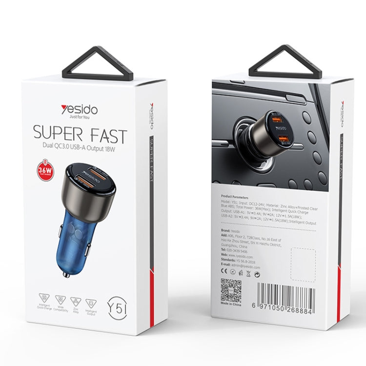 Yesido Y51 36W Dual-channel Fast Charging Zinc Alloy QC3.0 Car Charger, Y51 36W