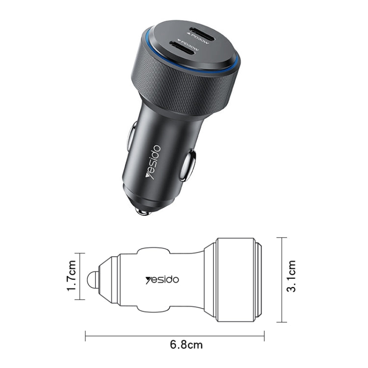 Yesido Y48  60W Car Fast Charger Aluminum Aluminum Double Type-C/USB-C Port Car Charger, Y48