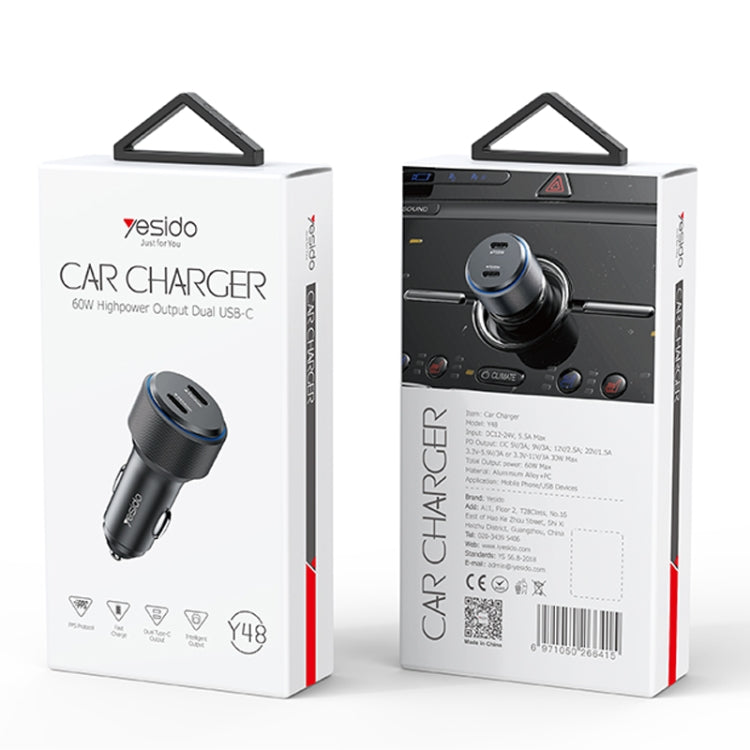 Yesido Y48  60W Car Fast Charger Aluminum Aluminum Double Type-C/USB-C Port Car Charger, Y48