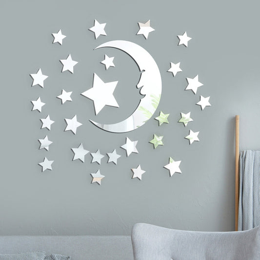 29pcs /Set Acrylic Stars And Moon Stereoscopic Mirror Wall Stickers Self-Adhesive Bedroom Background Wall Decoration
