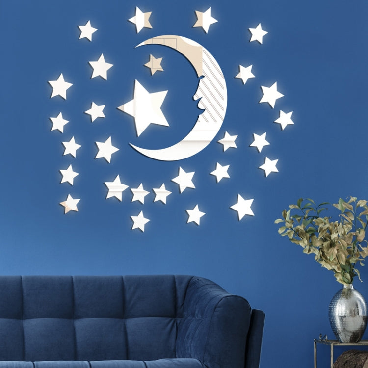29pcs /Set Acrylic Stars And Moon Stereoscopic Mirror Wall Stickers Self-Adhesive Bedroom Background Wall Decoration