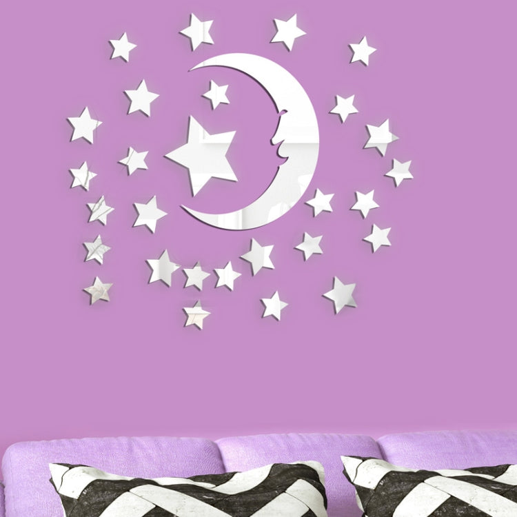 29pcs /Set Acrylic Stars And Moon Stereoscopic Mirror Wall Stickers Self-Adhesive Bedroom Background Wall Decoration