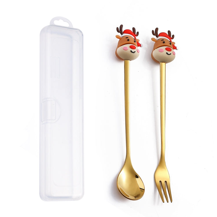2pcs /Pack Christmas Dessert Fork And Spoon Set Portable Cute Cartoon Tableware