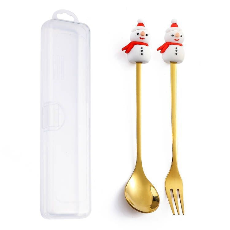 2pcs /Pack Christmas Dessert Fork And Spoon Set Portable Cute Cartoon Tableware