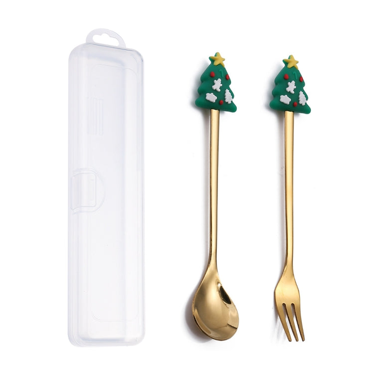 2pcs /Pack Christmas Dessert Fork And Spoon Set Portable Cute Cartoon Tableware