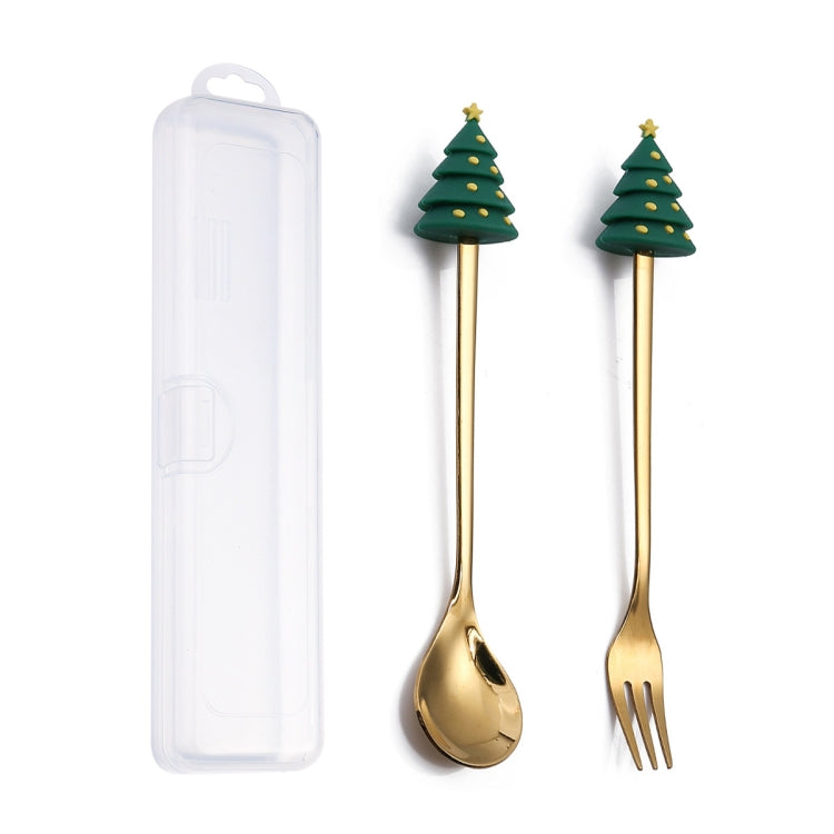 2pcs /Pack Christmas Dessert Fork And Spoon Set Portable Cute Cartoon Tableware
