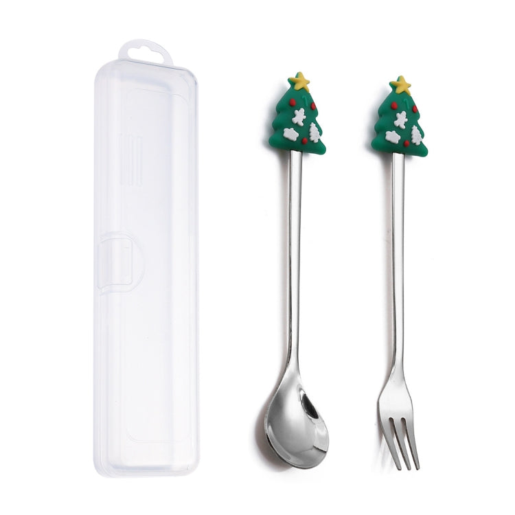 2pcs /Pack Christmas Dessert Fork And Spoon Set Portable Cute Cartoon Tableware