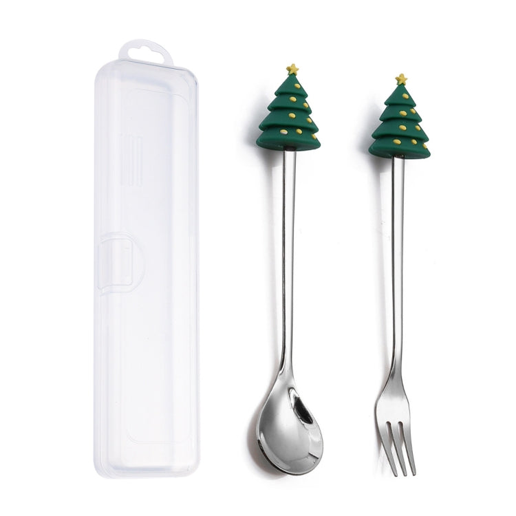 2pcs /Pack Christmas Dessert Fork And Spoon Set Portable Cute Cartoon Tableware