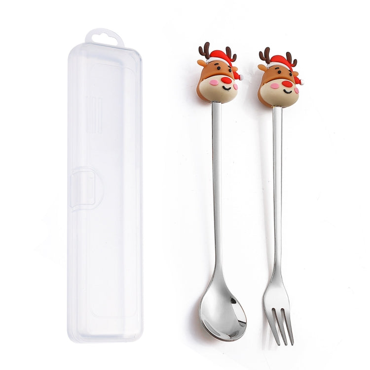 2pcs /Pack Christmas Dessert Fork And Spoon Set Portable Cute Cartoon Tableware