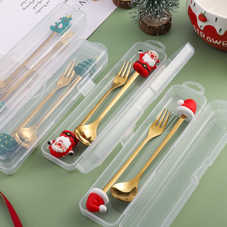 2pcs /Pack Christmas Dessert Fork And Spoon Set Portable Cute Cartoon Tableware