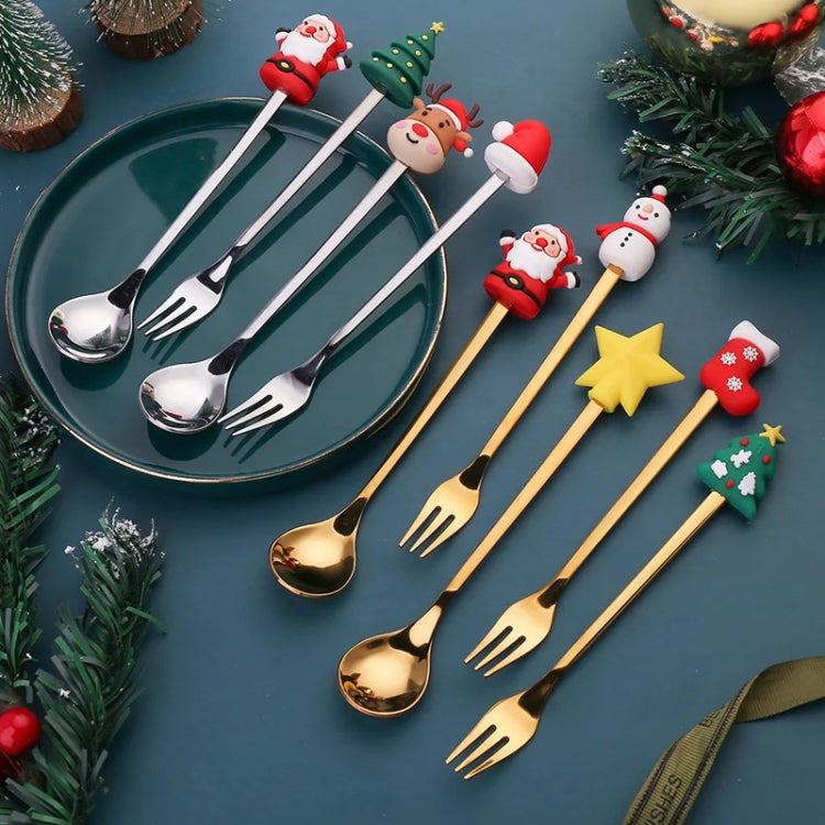 2pcs /Pack Christmas Dessert Fork And Spoon Set Portable Cute Cartoon Tableware