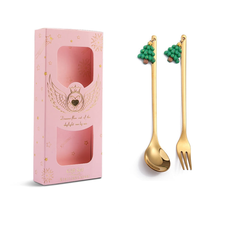 2pcs /Pack Christmas Mixing Spoon Fruit Fork With Pendant Flatware