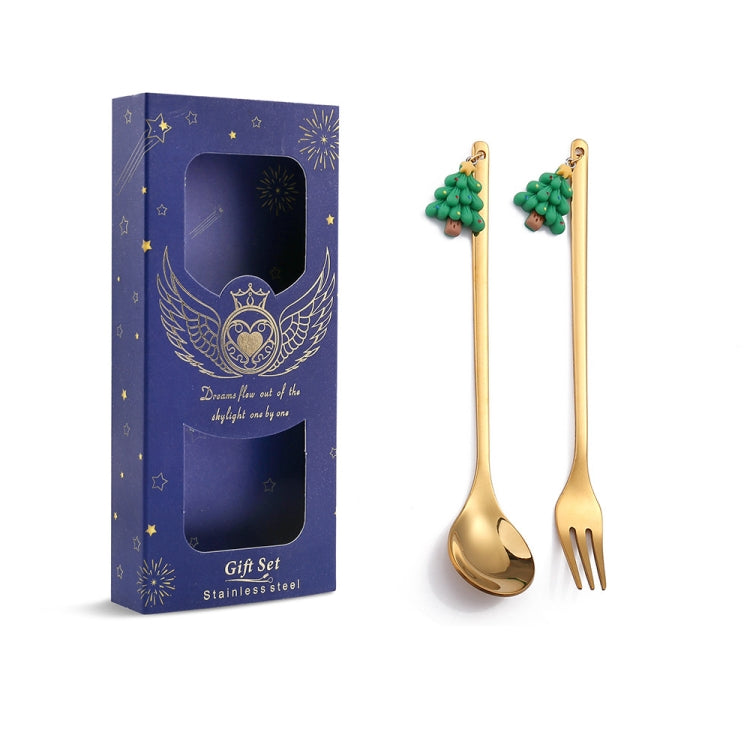 2pcs /Pack Christmas Mixing Spoon Fruit Fork With Pendant Flatware