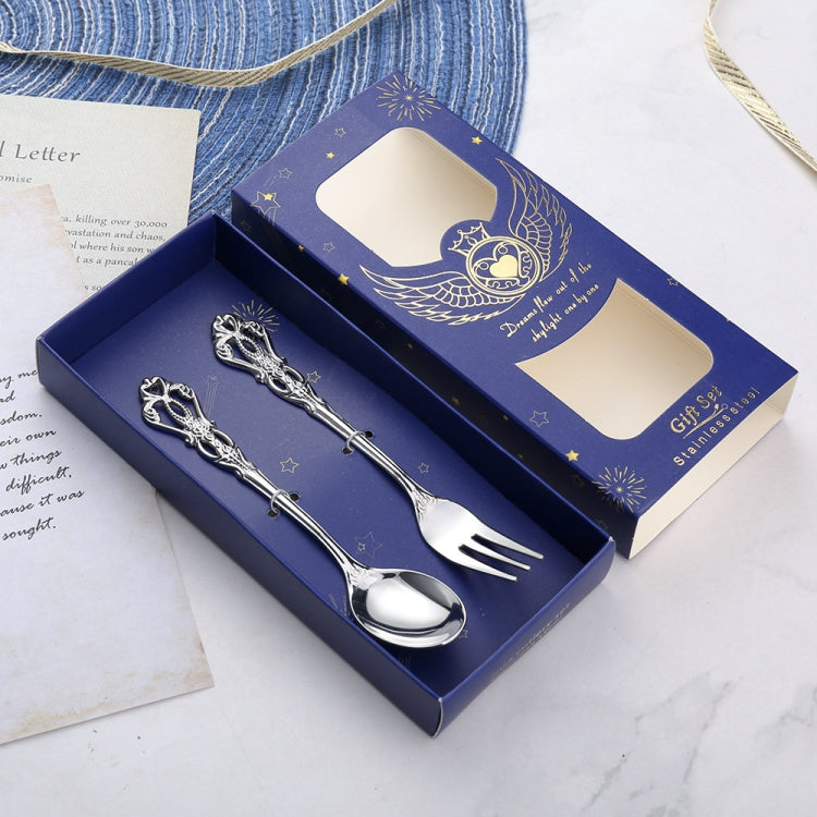 2pcs /Pack Retro Openwork Carved Dessert Spoon Fork Set Engraved Cutlery Gift Box