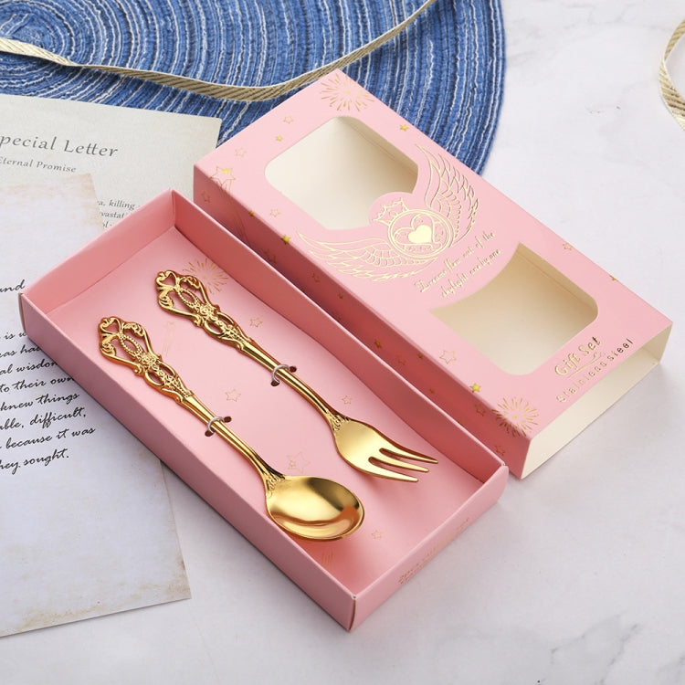 2pcs /Pack Retro Openwork Carved Dessert Spoon Fork Set Engraved Cutlery Gift Box