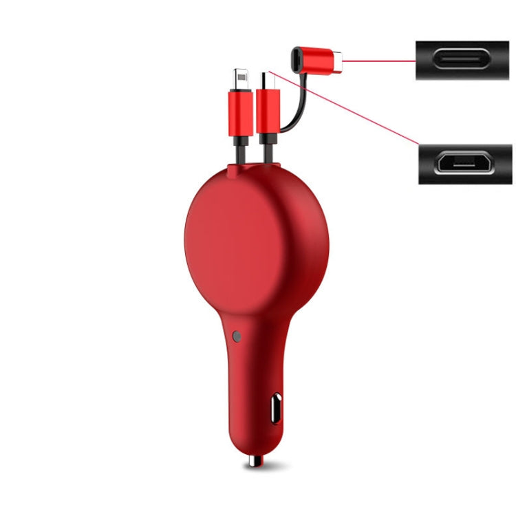 PD18W +QC 3.0 3 In 1 Retractable Car Charger With 8 Pin & Type-C/USB-C & Micro Port, 18W