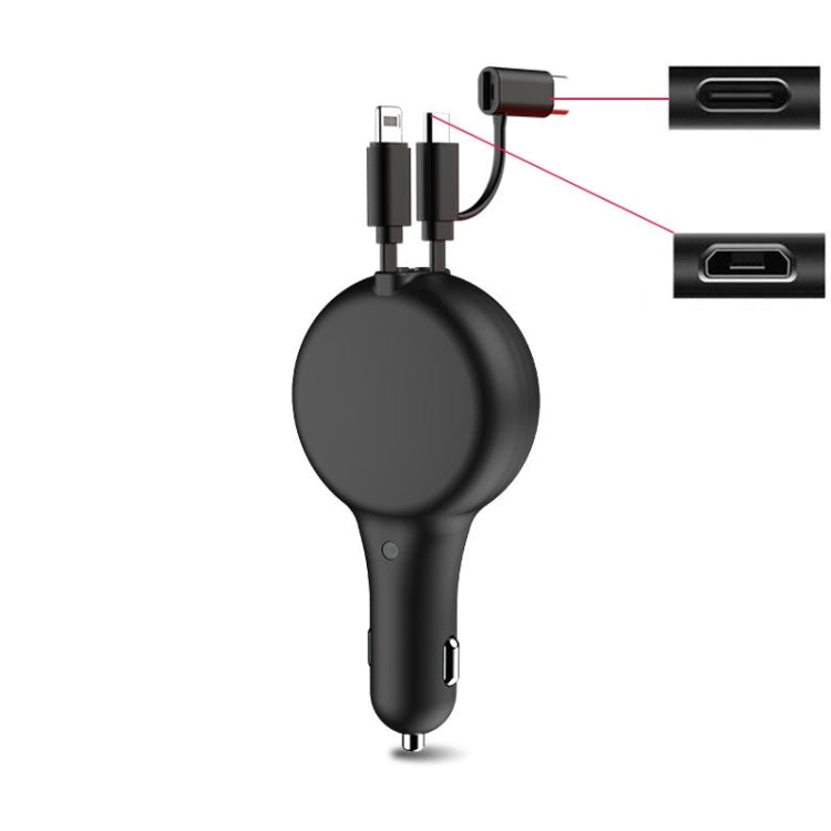 PD18W +QC 3.0 3 In 1 Retractable Car Charger With 8 Pin & Type-C/USB-C & Micro Port, 18W