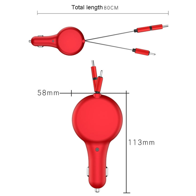 PD18W +QC 3.0 3 In 1 Retractable Car Charger With 8 Pin & Type-C/USB-C & Micro Port, 18W