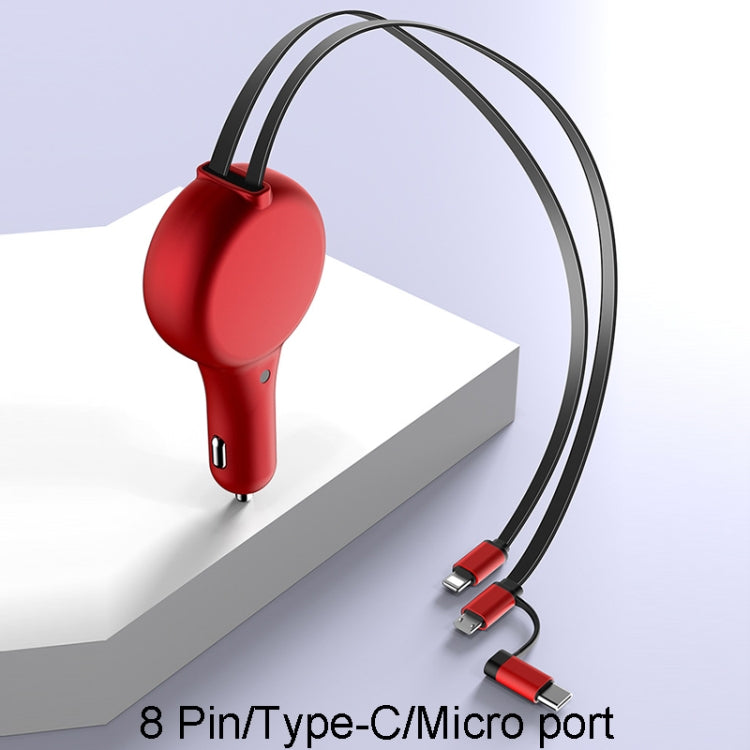 PD18W +QC 3.0 3 In 1 Retractable Car Charger With 8 Pin & Type-C/USB-C & Micro Port, 18W