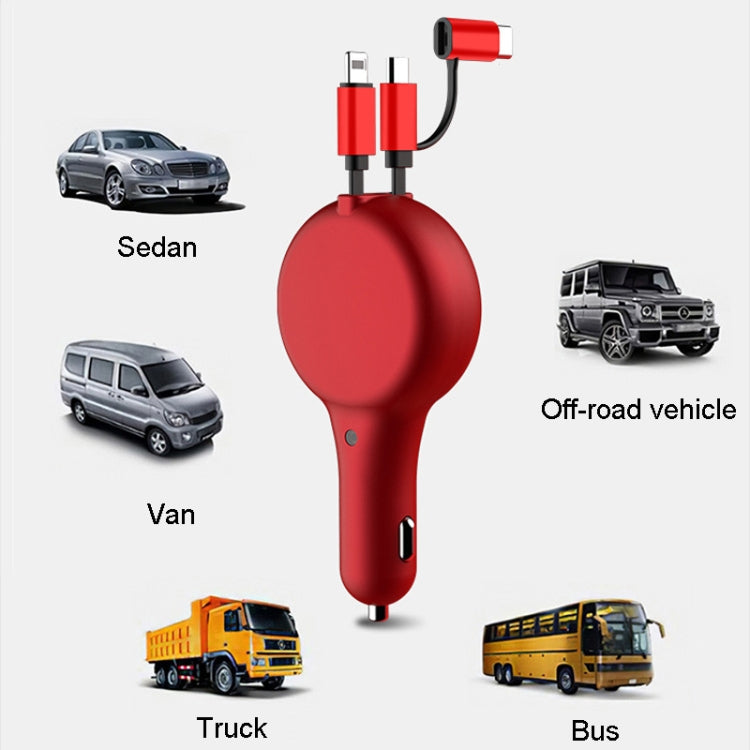 PD18W +QC 3.0 3 In 1 Retractable Car Charger With 8 Pin & Type-C/USB-C & Micro Port, 18W