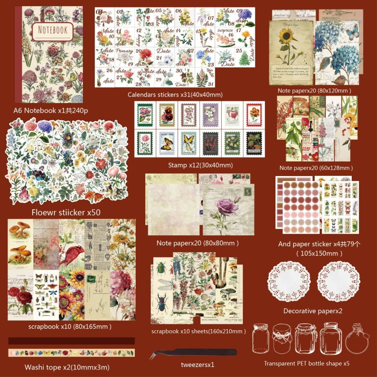 265 In 1 Retro Floral Scrapbook Set Includes A6 Notebook + Stickers + Tape + Stamps + Scrapbook Paper