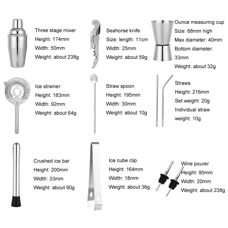 12 In 1 Stainless Steel Bartender Wooden Stand Set Cocktail Bartending Tools