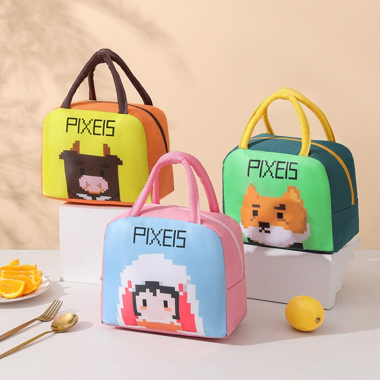 Student Portable Lunch Bag Cartoon Pixel Style Lunchbox Tote Bento Thermal Bag
