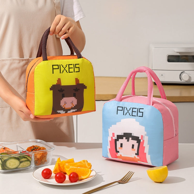 Student Portable Lunch Bag Cartoon Pixel Style Lunchbox Tote Bento Thermal Bag
