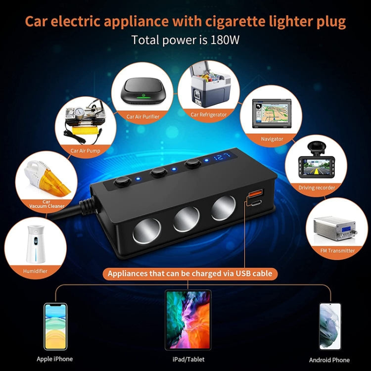 TR24 Car Cigarette Lighter One To Three With Switch 180W High Power Fast Charger
