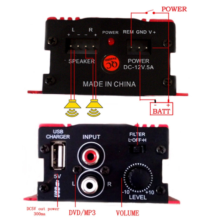 Car Audio / Video 12V 2.0 Channel Mini Amplifier