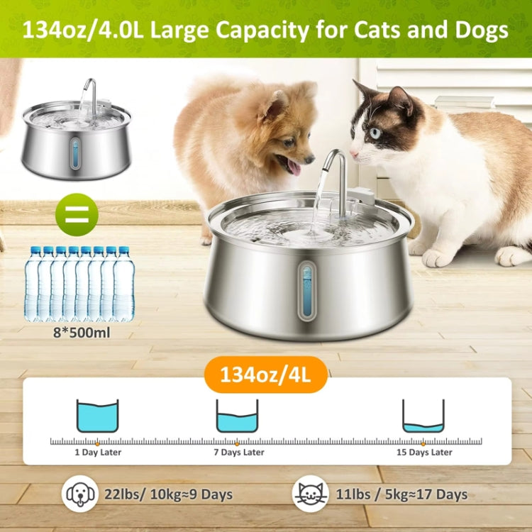 4L Pet Water Dispenser Stainless Steel Cats Water Fountain Large Capacity Automatic Cat Drinker