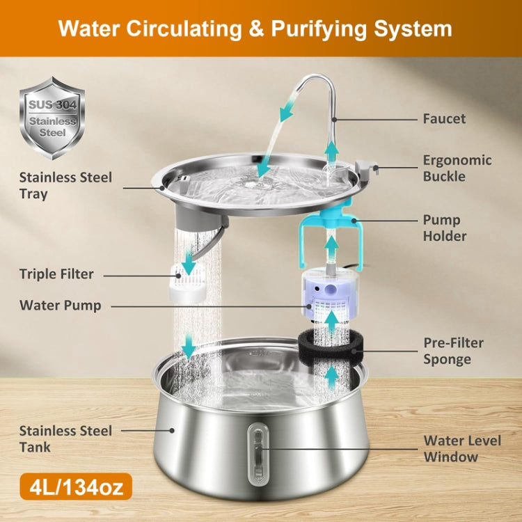4L Pet Water Dispenser Stainless Steel Cats Water Fountain Large Capacity Automatic Cat Drinker