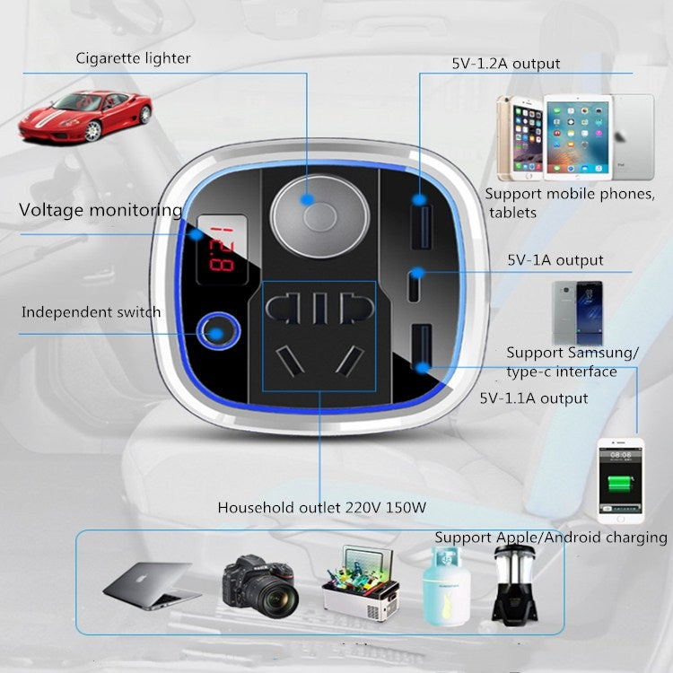 7512 Car High-power Inverter QC3.0 Car Power Converter USB Interface 12V/24V To 220V